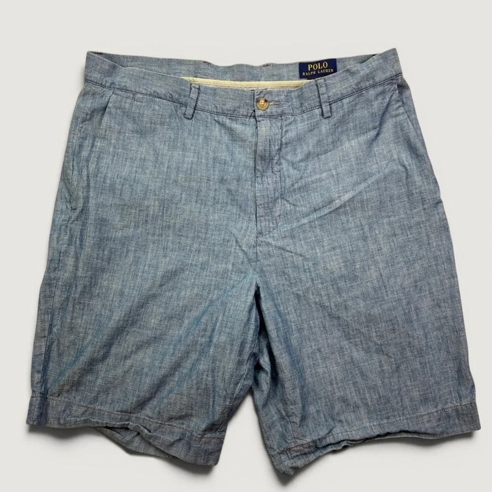 Polo Ralph Lauren Mens 33 Shorts Blue Classic Fit Cotton Chambray Flat Front